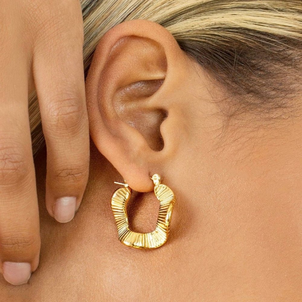 Organic Textured Wave Shape Hoop Earrings 18K Gold PVD Plated Stainless Steel - Picture 5 of 13